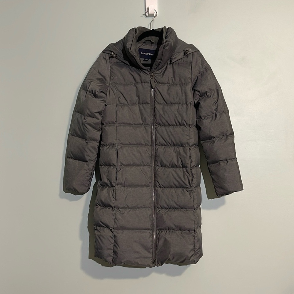 Lands’ End Gray Quilted Down Full Length Winter Coat W/ Hood Women’s XS (2-4)